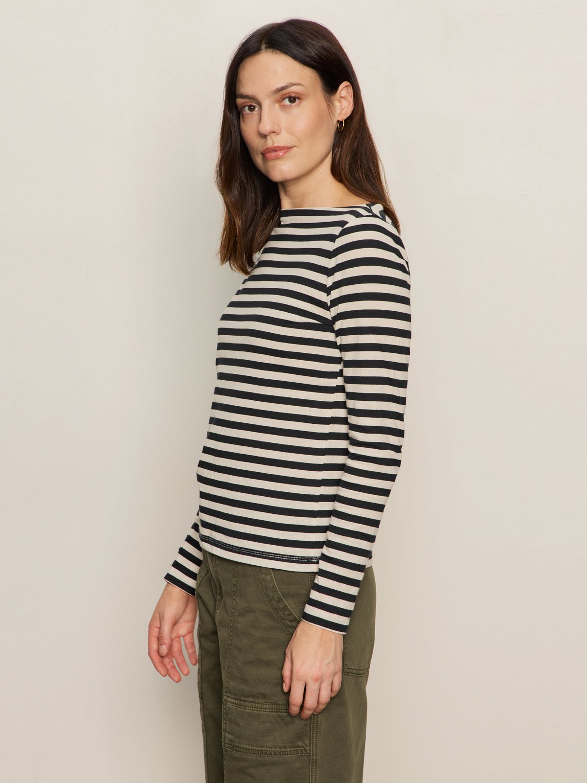 Boatneck Long Sleeve Tee Light Oat/Black Stripe