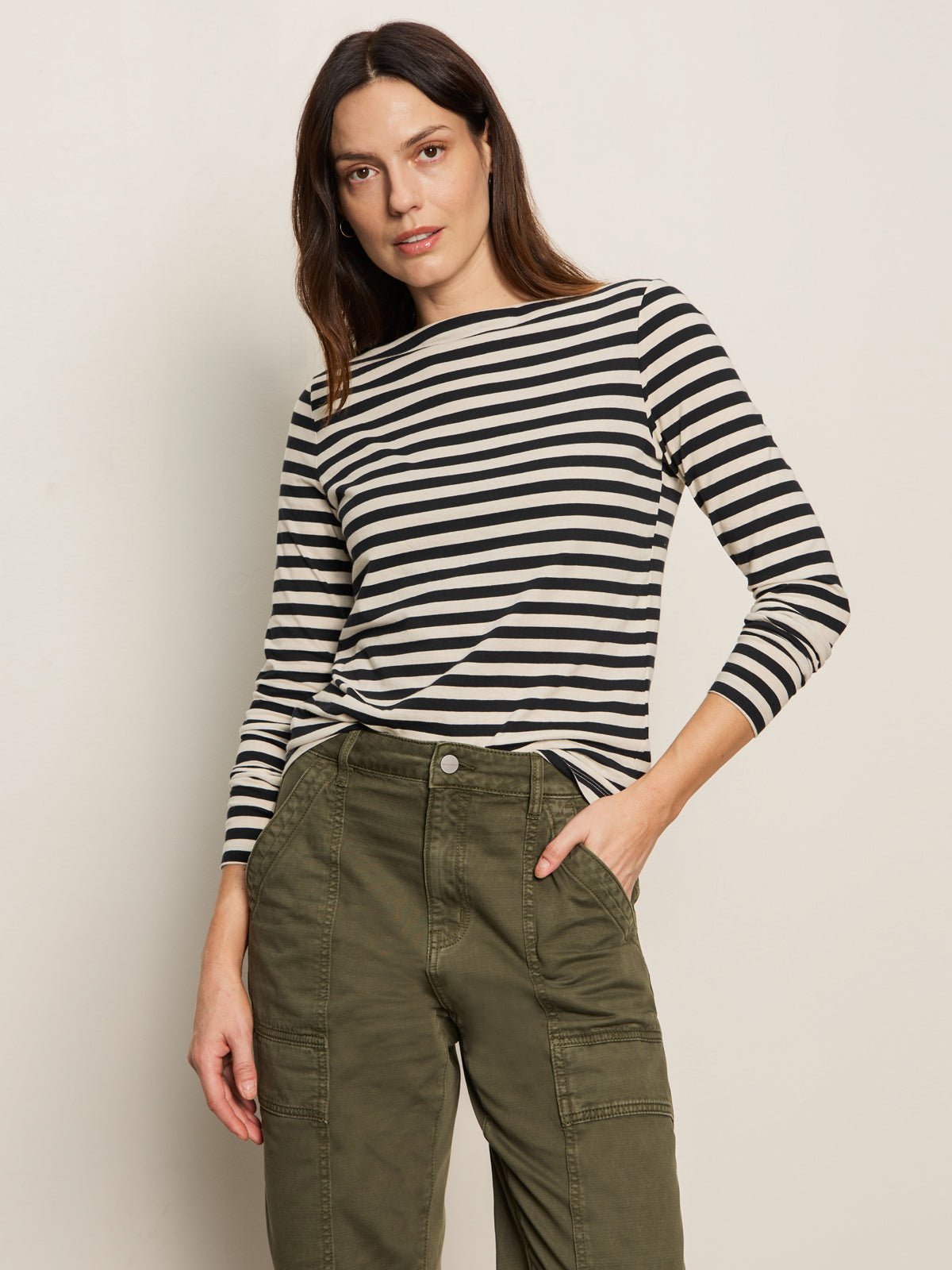 Boatneck Long Sleeve Tee Light Oat/Black Stripe
