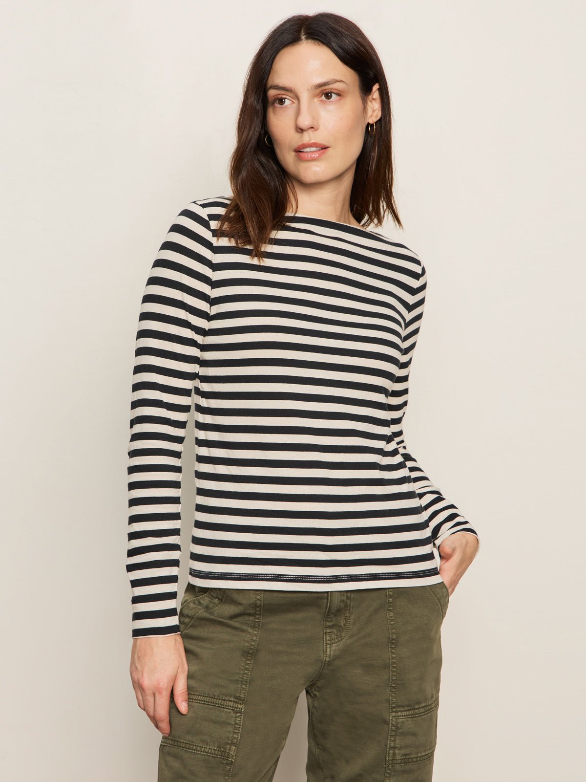 Boatneck Long Sleeve Tee Light Oat/Black Stripe